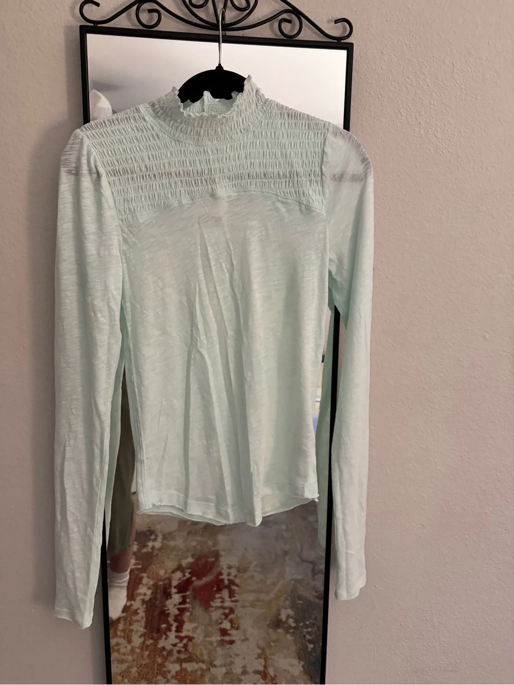 Free People Mint Green Long-Sleeve Lace Yoke Top